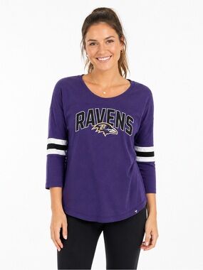 Fanatics Purple Ravens 3/4 Sleeve Tee with Black and White Stripes Size Medium